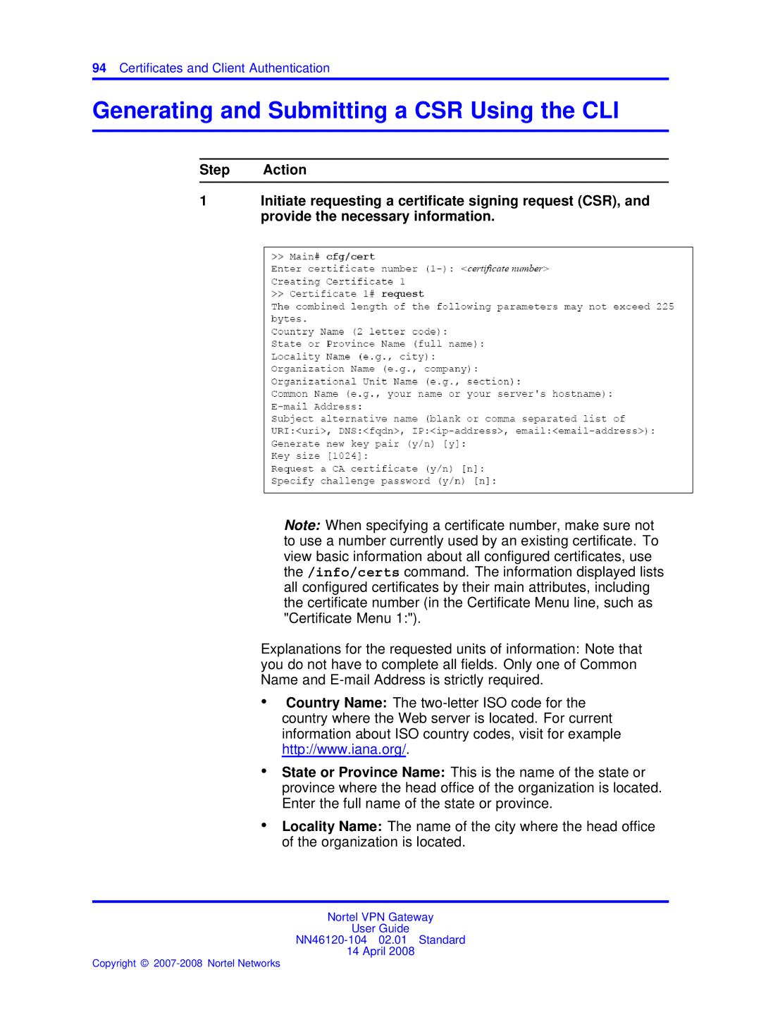 Nortel Networks NN46120-104 manual Generating and Submitting a CSR Using the CLI 