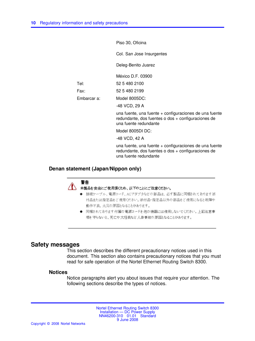 Nortel Networks NN46200-310 manual Safety messages, Denan statement Japan/Nippon only 