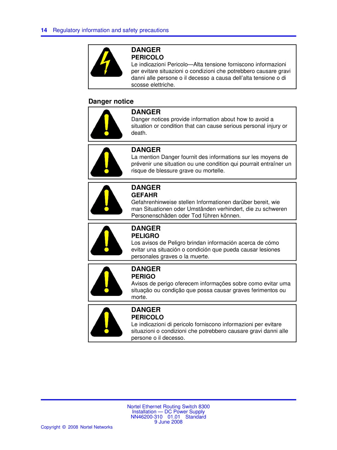 Nortel Networks NN46200-310 manual Pericolo 