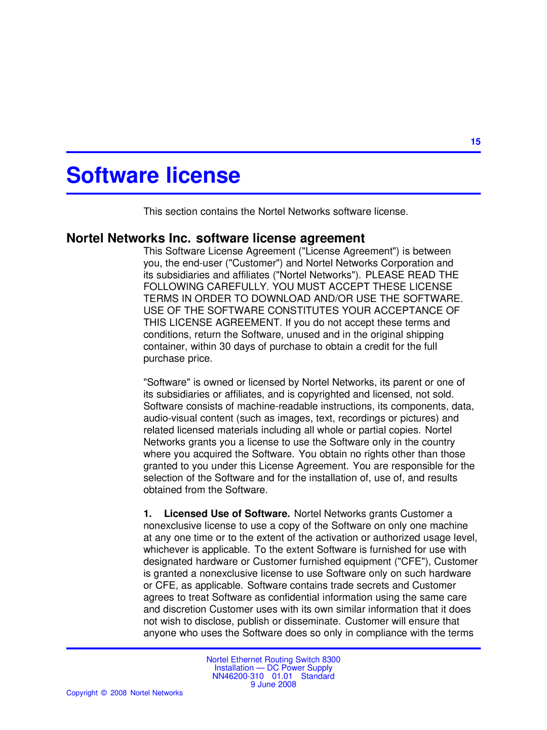 Nortel Networks NN46200-310 manual Software license, Nortel Networks Inc. software license agreement 