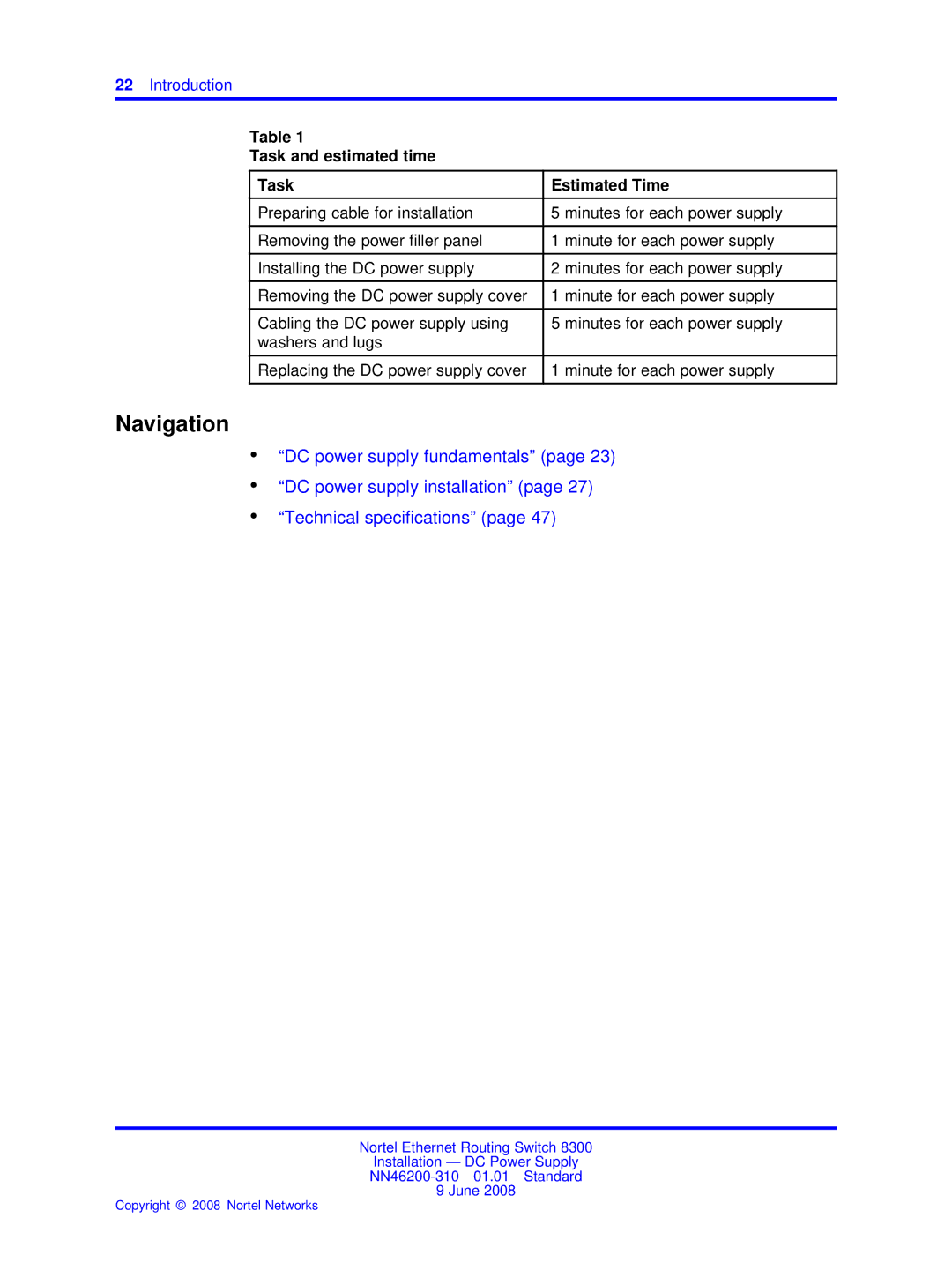 Nortel Networks NN46200-310 manual Navigation, Task and estimated time Estimated Time 