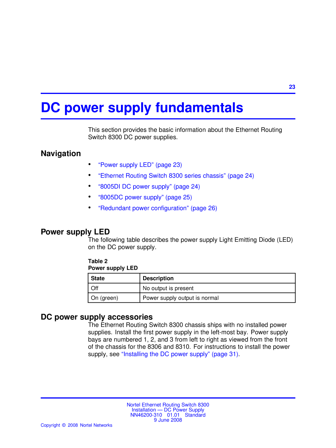 Nortel Networks NN46200-310 manual DC power supply fundamentals, Power supply LED, DC power supply accessories 