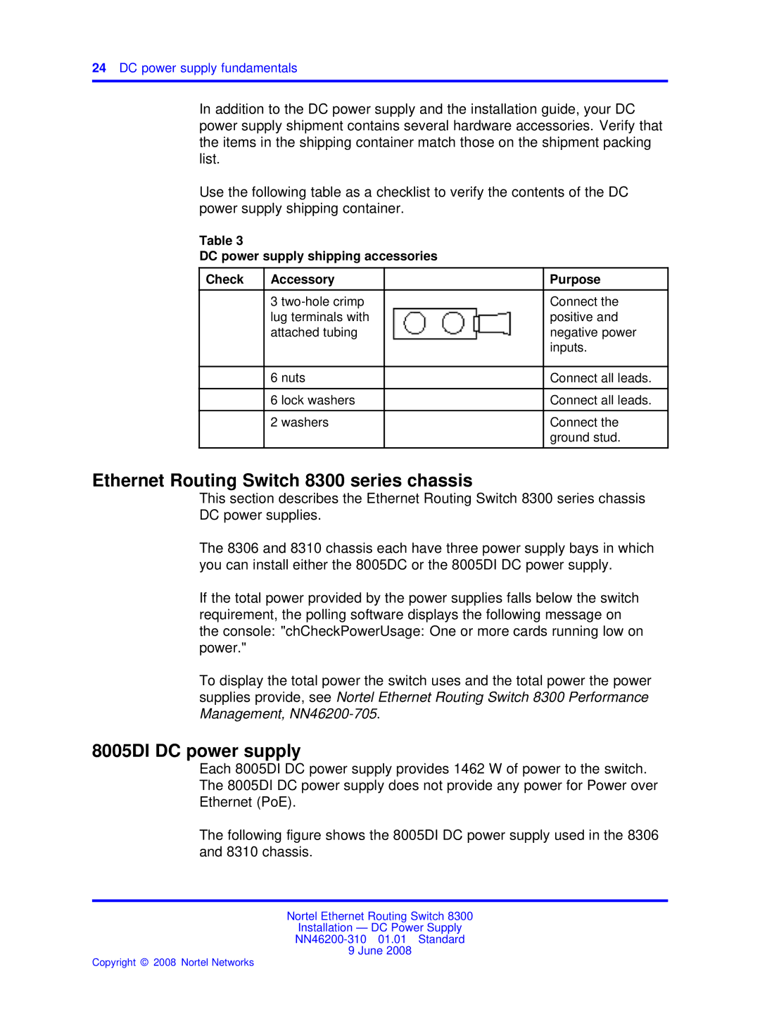 Nortel Networks NN46200-310 manual Ethernet Routing Switch 8300 series chassis, 8005DI DC power supply 