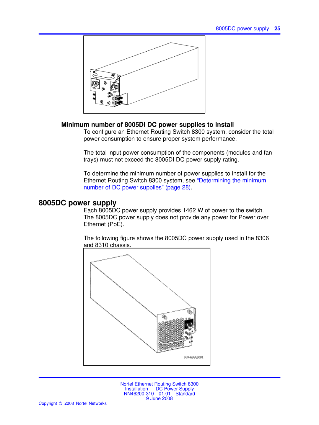 Nortel Networks NN46200-310 manual 8005DC power supply, Minimum number of 8005DI DC power supplies to install 