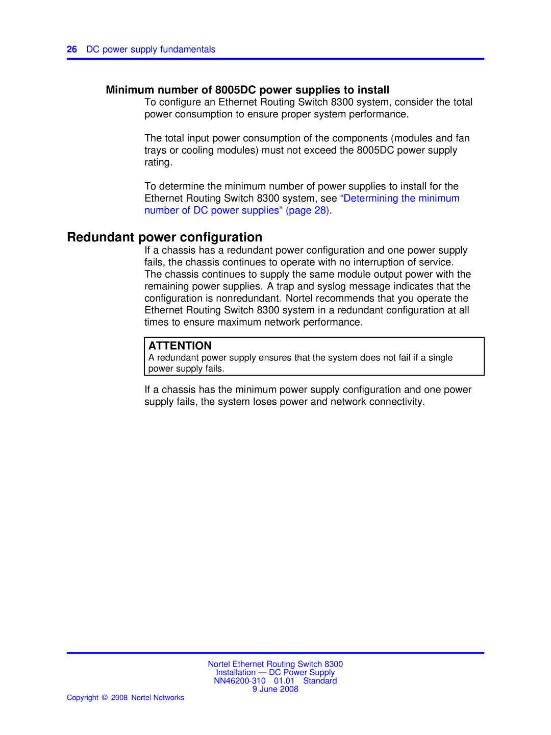 Nortel Networks NN46200-310 manual Redundant power conﬁguration, Minimum number of 8005DC power supplies to install 