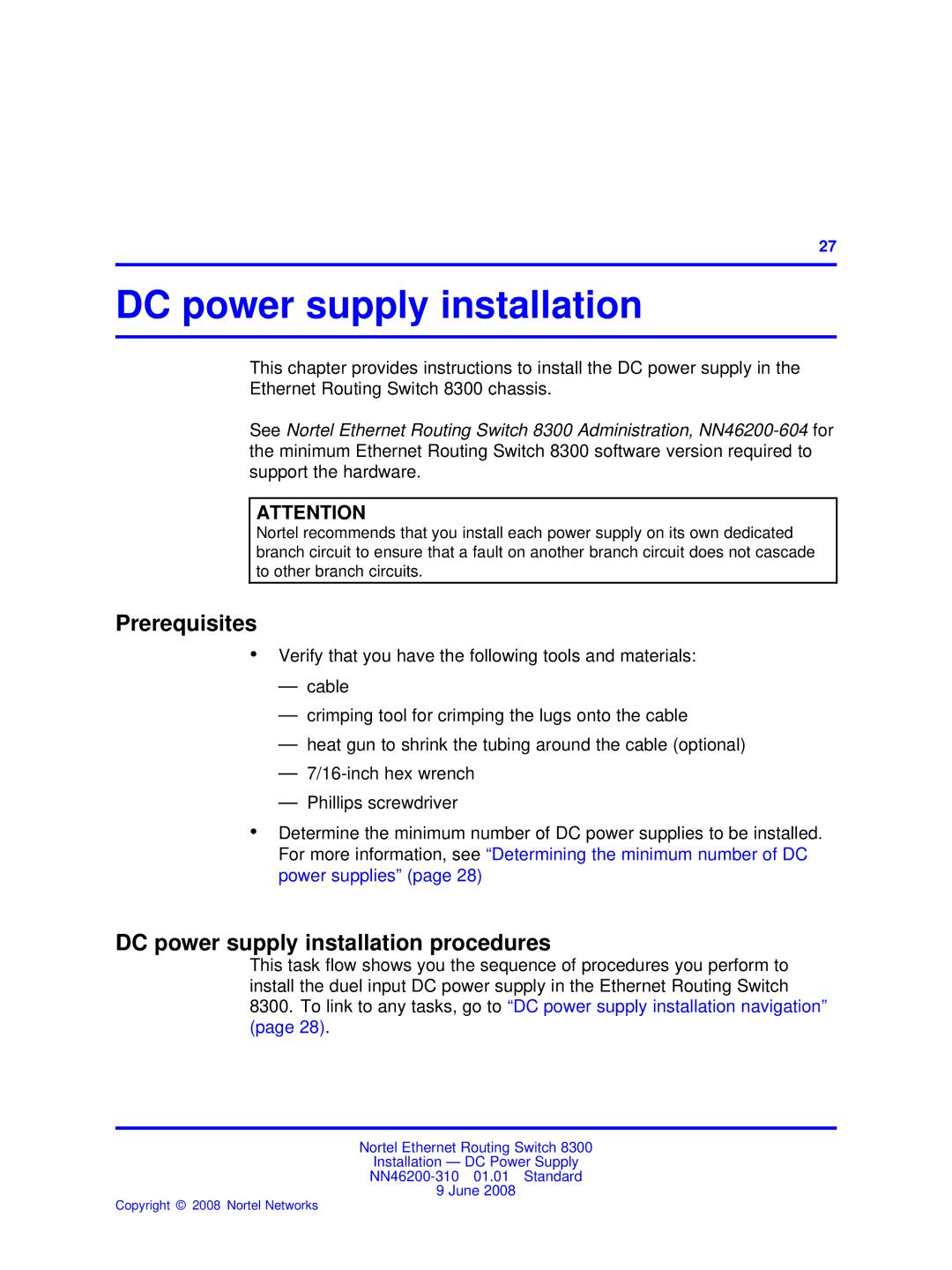 Nortel Networks NN46200-310 manual Prerequisites, DC power supply installation procedures 