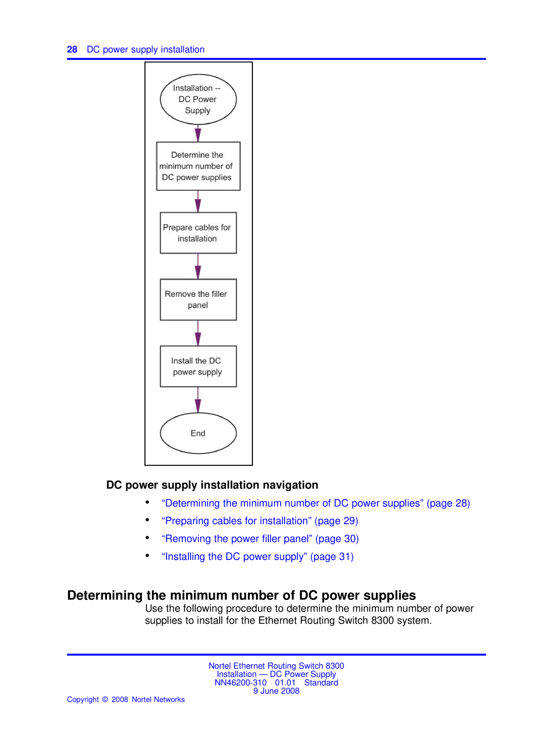 Nortel Networks NN46200-310 Determining the minimum number of DC power supplies, DC power supply installation navigation 