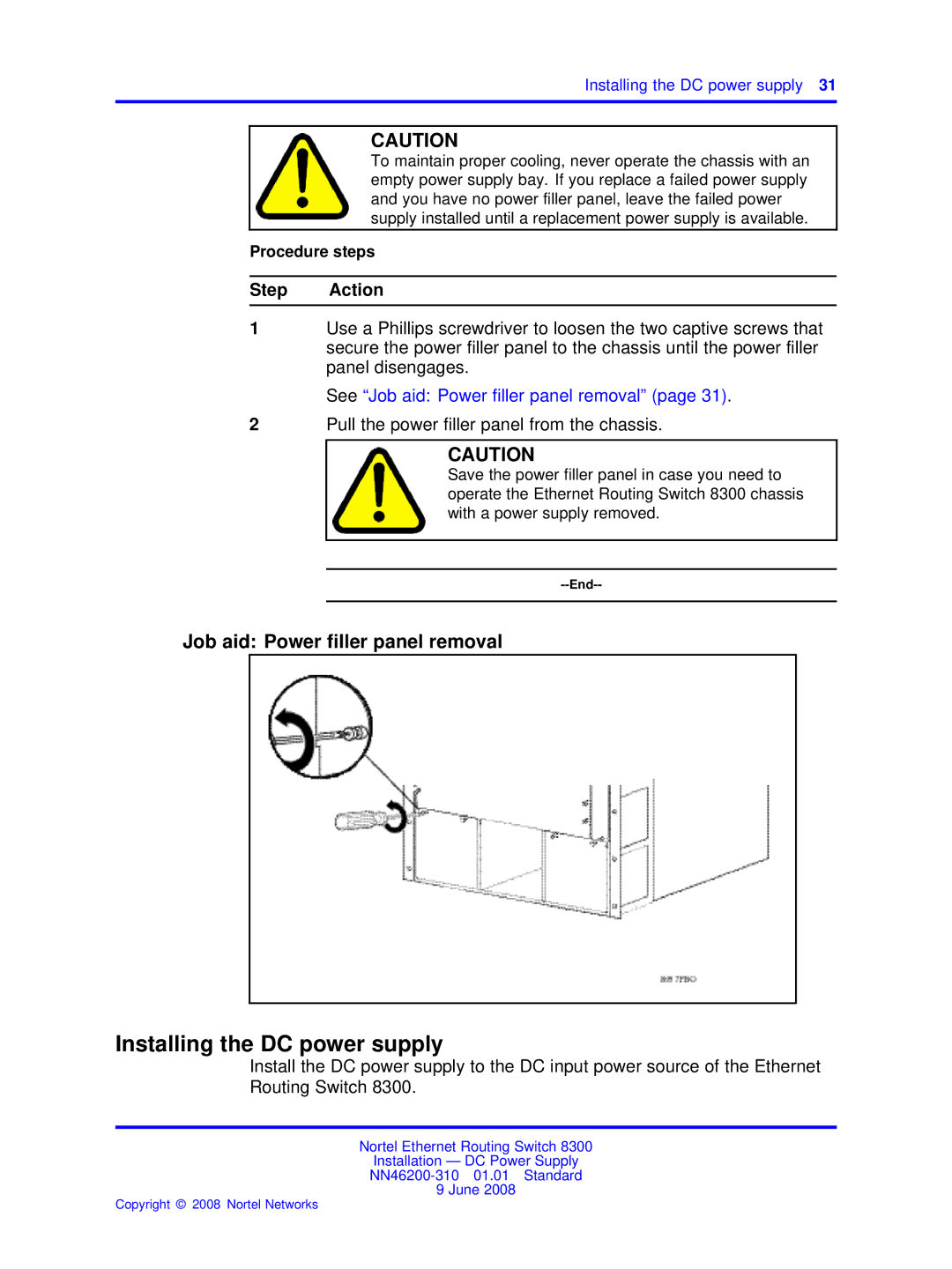 Nortel Networks NN46200-310 manual Installing the DC power supply, Job aid Power filler panel removal 