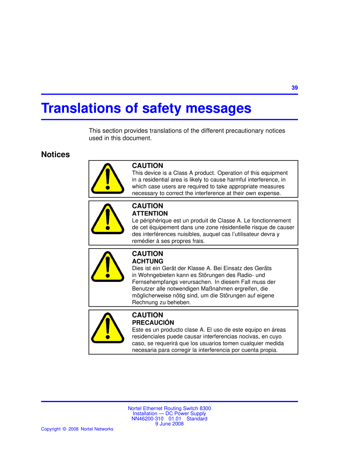 Nortel Networks NN46200-310 manual Translations of safety messages 