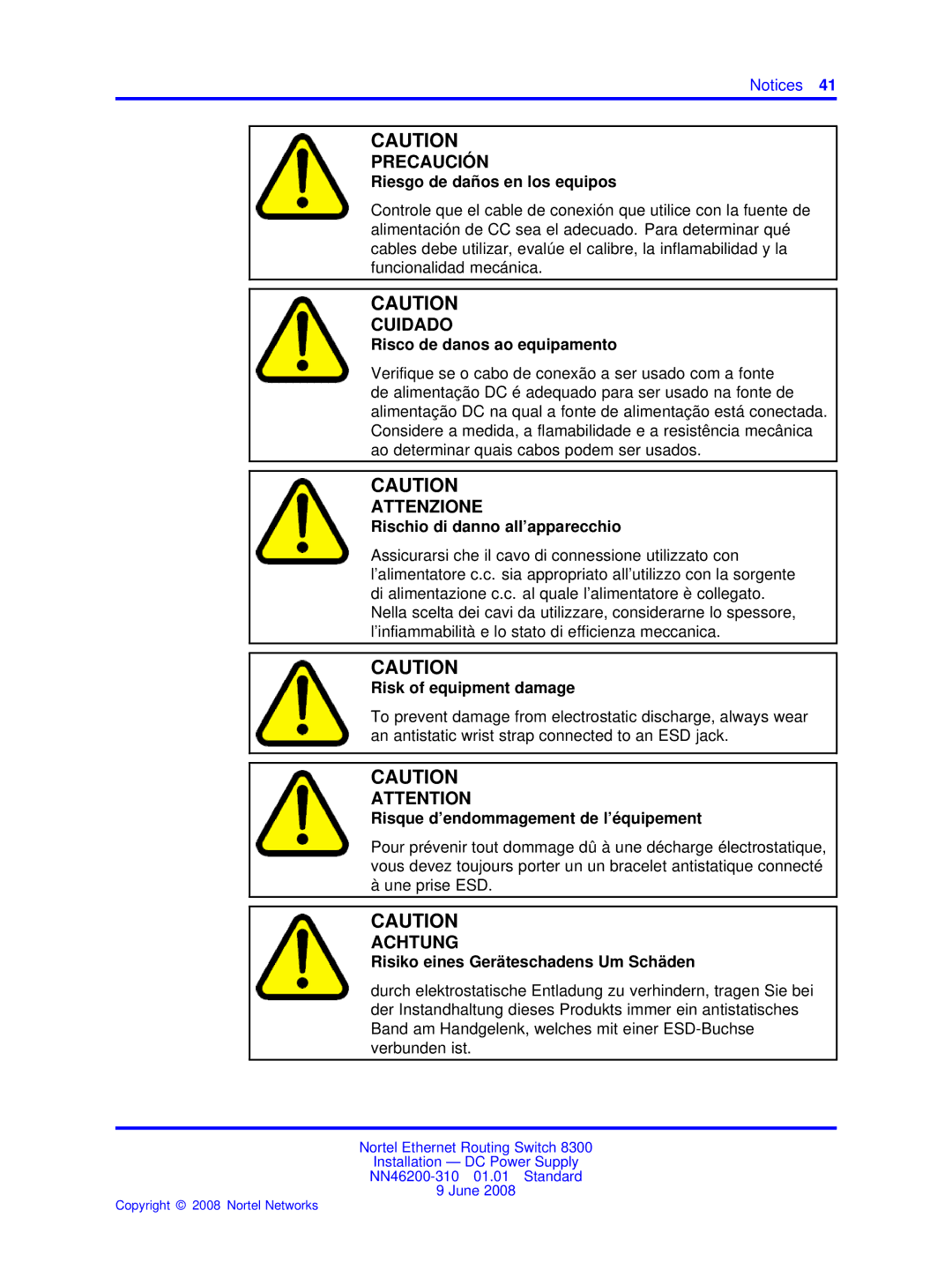 Nortel Networks NN46200-310 manual Riesgo de daños en los equipos 