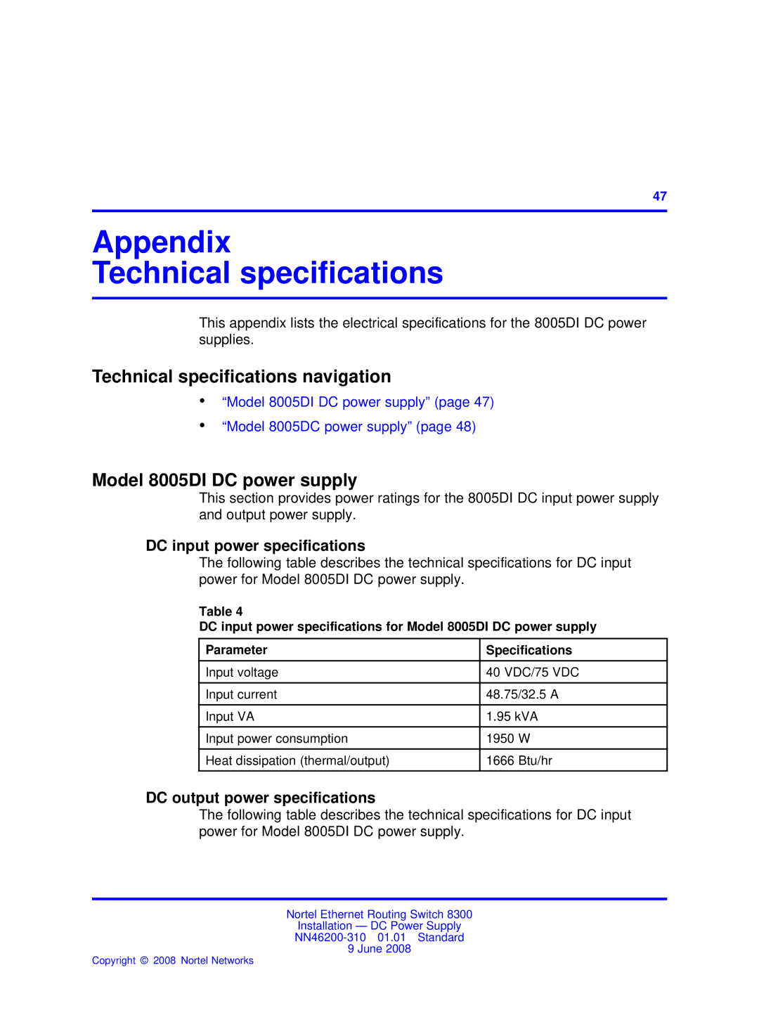 Nortel Networks NN46200-310 manual Appendix Technical speciﬁcations, Technical speciﬁcations navigation 