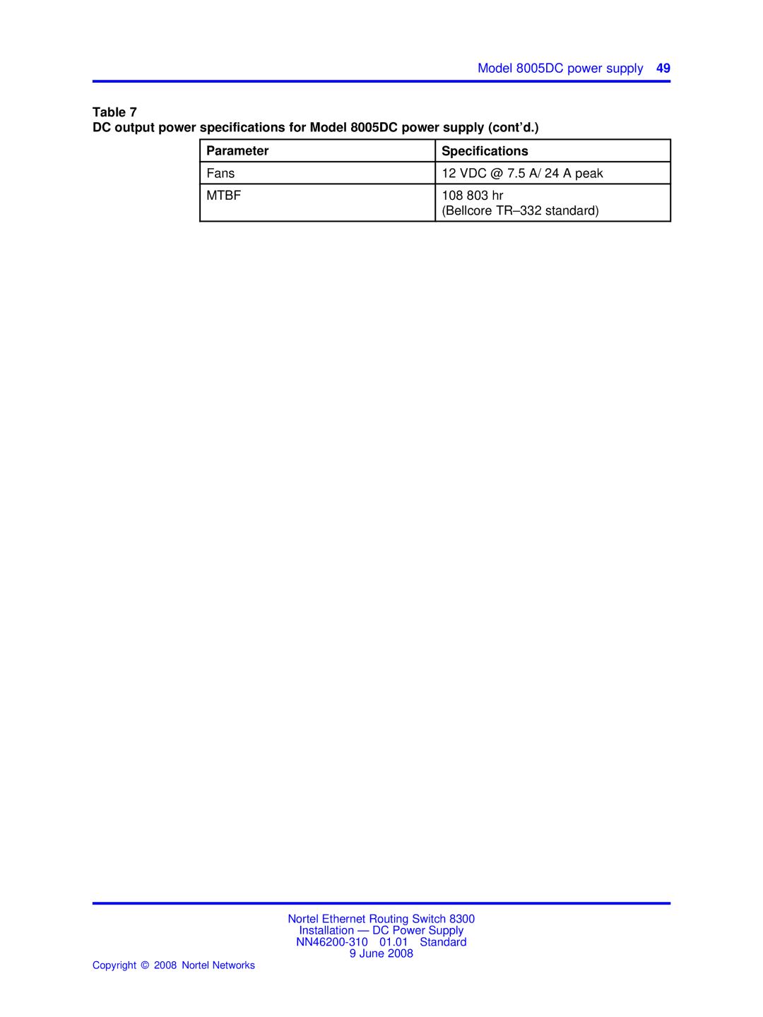 Nortel Networks NN46200-310 manual VDC @ 7.5 A/ 24 a peak 108 803 hr Bellcore TR-332 standard 