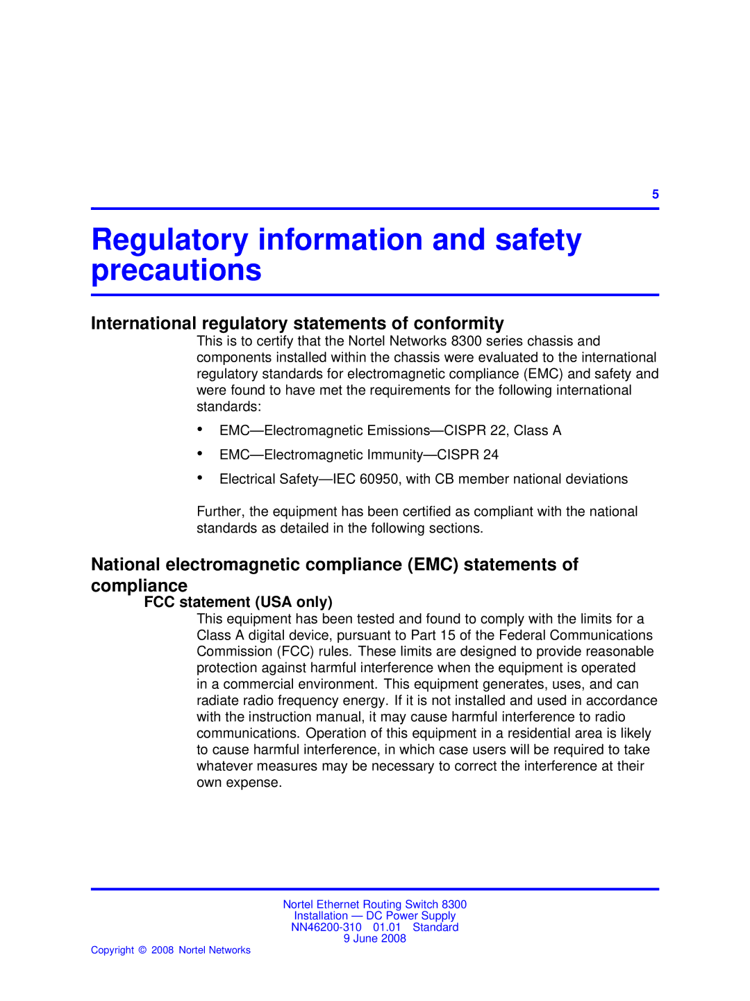 Nortel Networks NN46200-310 manual Regulatory information and safety precautions, FCC statement USA only 