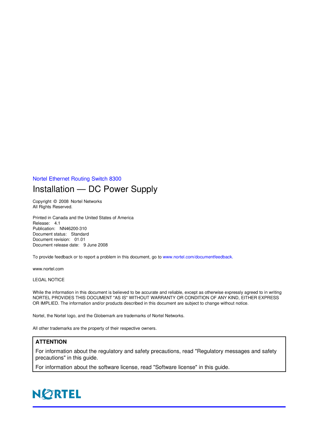 Nortel Networks NN46200-310 manual Installation DC Power Supply 