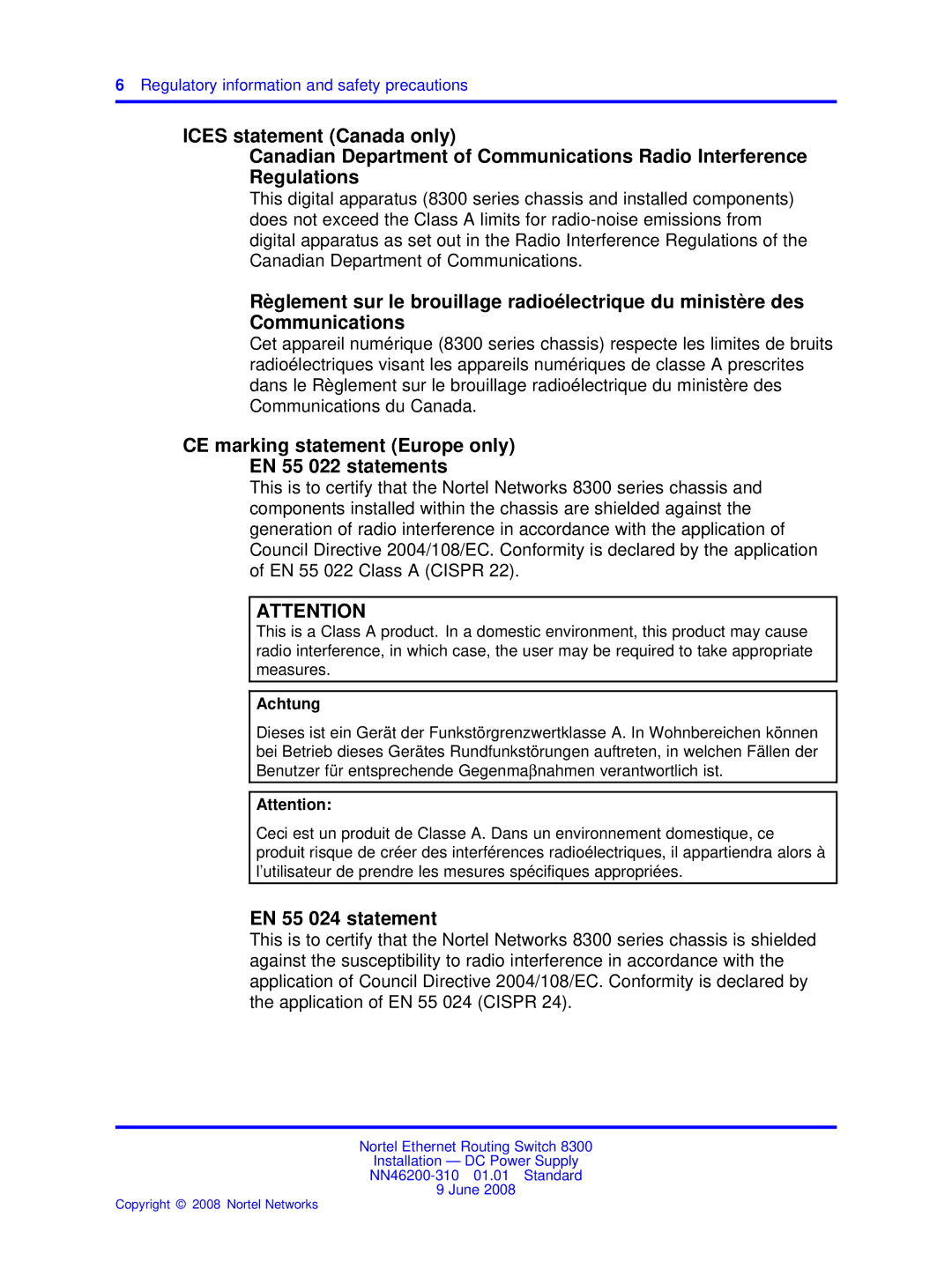 Nortel Networks NN46200-310 manual CE marking statement Europe only EN 55 022 statements, EN 55 024 statement 