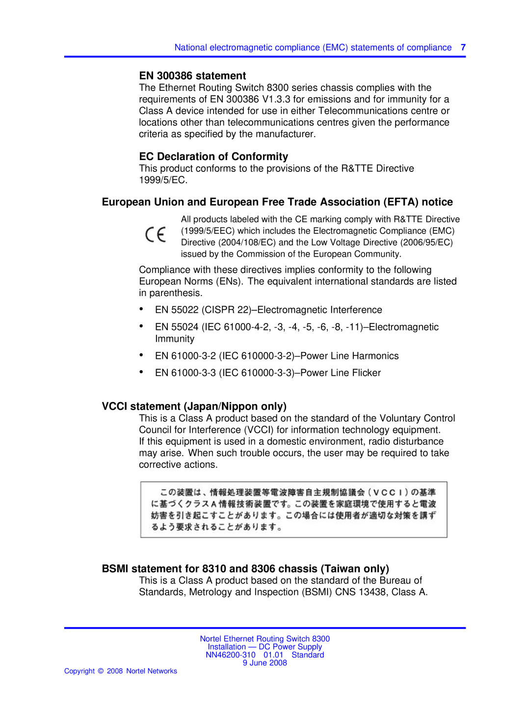 Nortel Networks NN46200-310 manual EN 300386 statement, EC Declaration of Conformity, Vcci statement Japan/Nippon only 