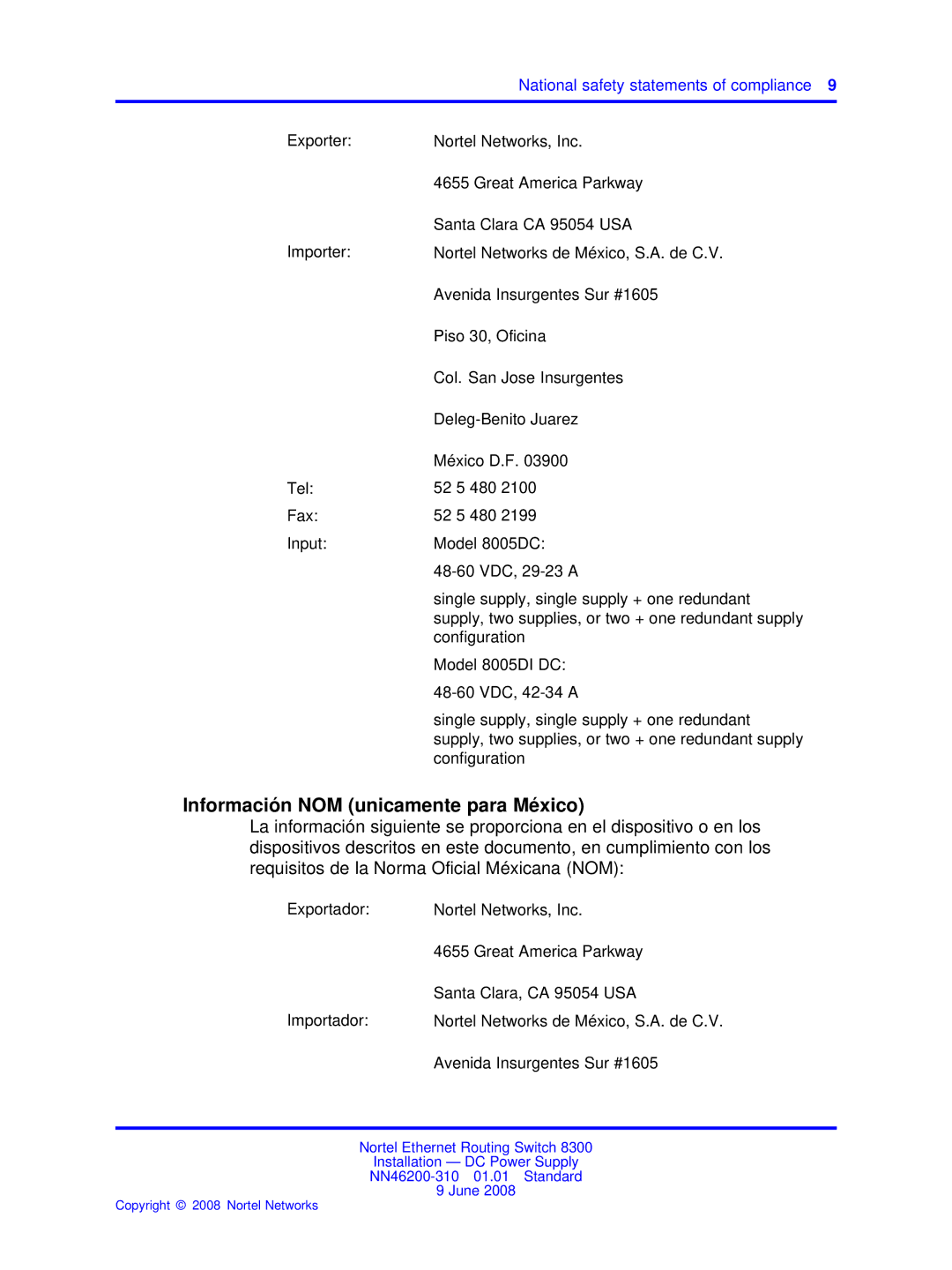 Nortel Networks NN46200-310 manual Información NOM unicamente para México, National safety statements of compliance 