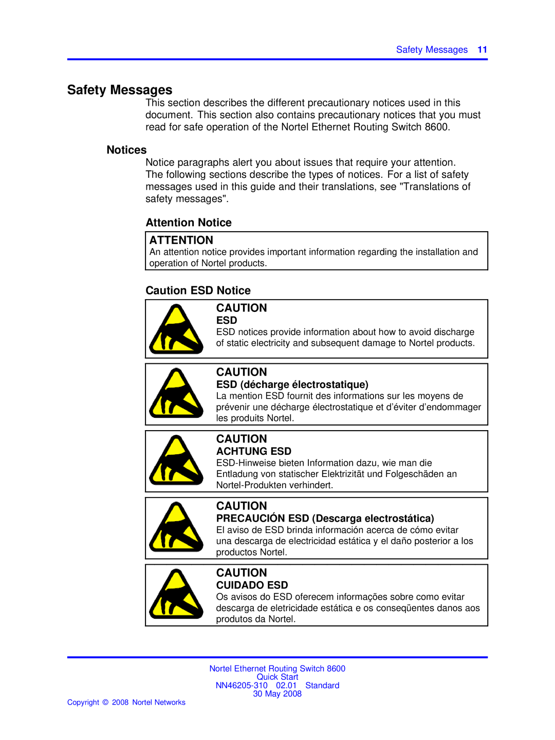 Nortel Networks NN46205-310 quick start Safety Messages, Esd 