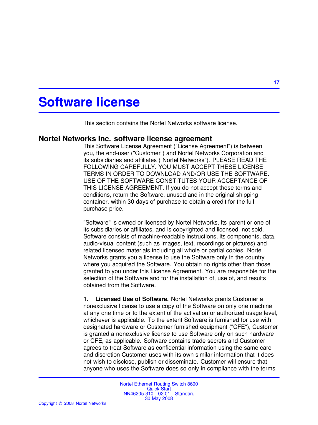 Nortel Networks NN46205-310 quick start Software license, Nortel Networks Inc. software license agreement 