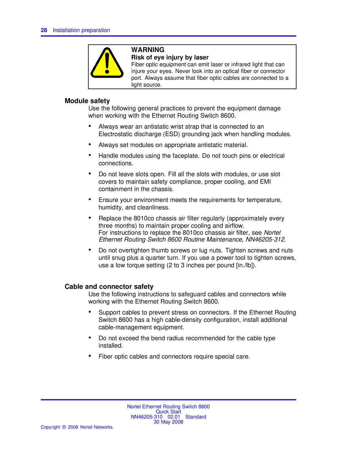 Nortel Networks NN46205-310 quick start Module safety, Cable and connector safety 