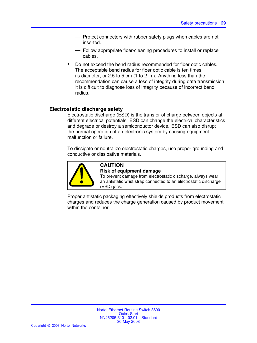 Nortel Networks NN46205-310 quick start Electrostatic discharge safety, Risk of equipment damage 