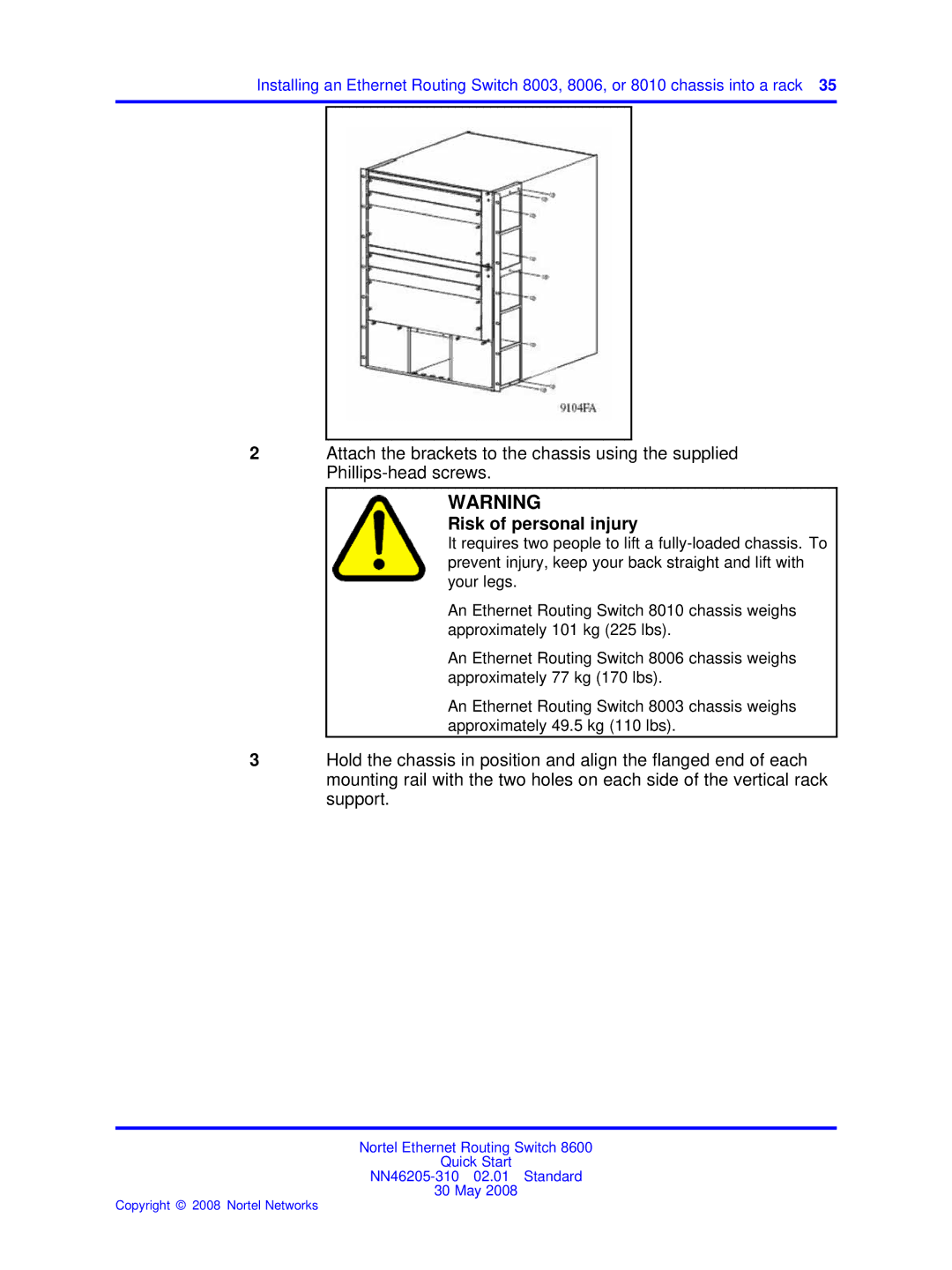 Nortel Networks NN46205-310 quick start Risk of personal injury 