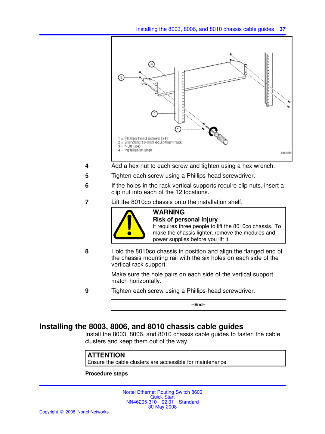 Nortel Networks NN46205-310 quick start Installing the 8003, 8006, and 8010 chassis cable guides 