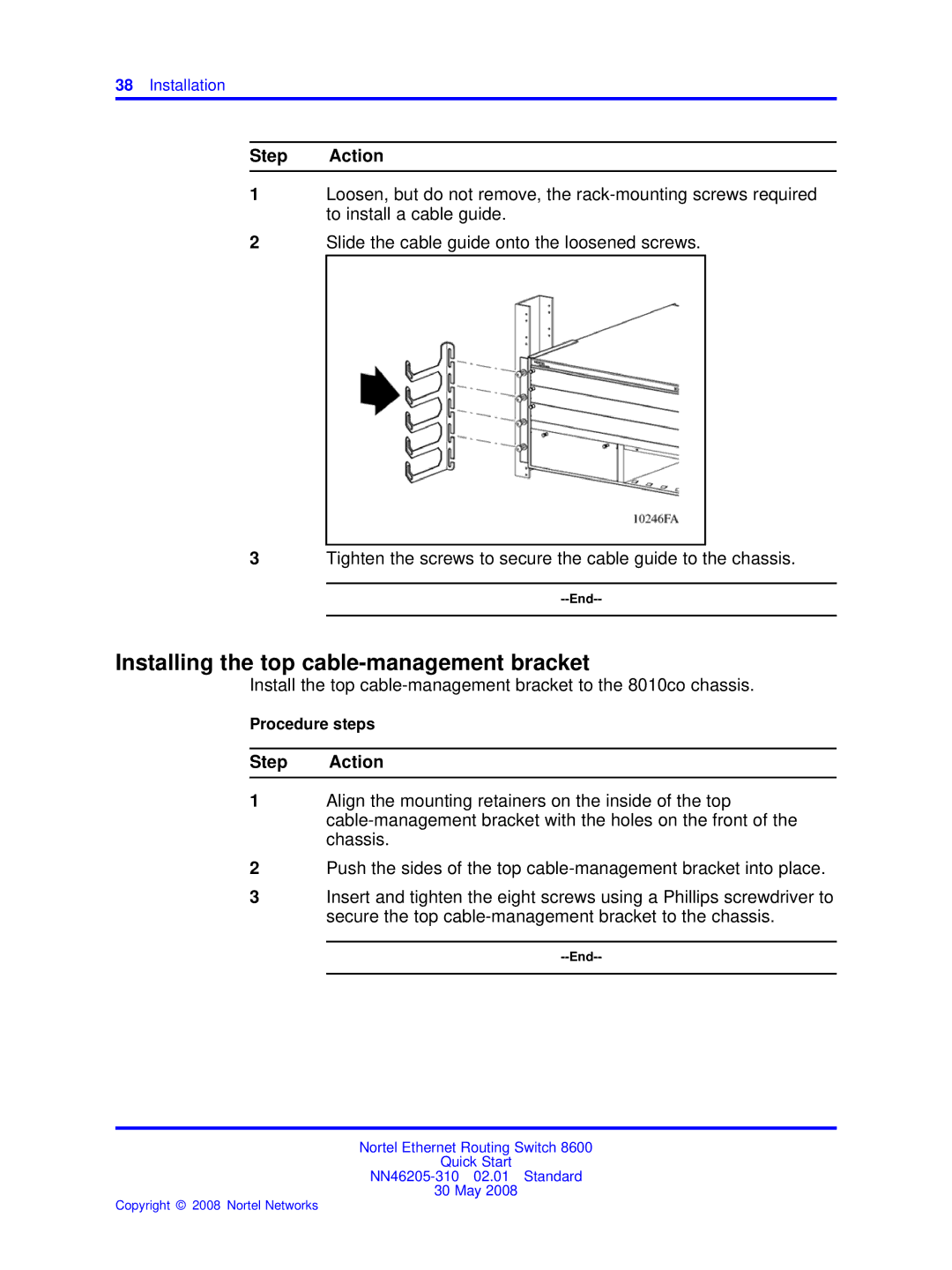 Nortel Networks NN46205-310 quick start Installing the top cable-management bracket 