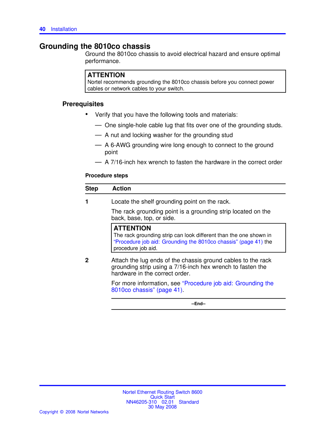 Nortel Networks NN46205-310 quick start Grounding the 8010co chassis, Prerequisites 