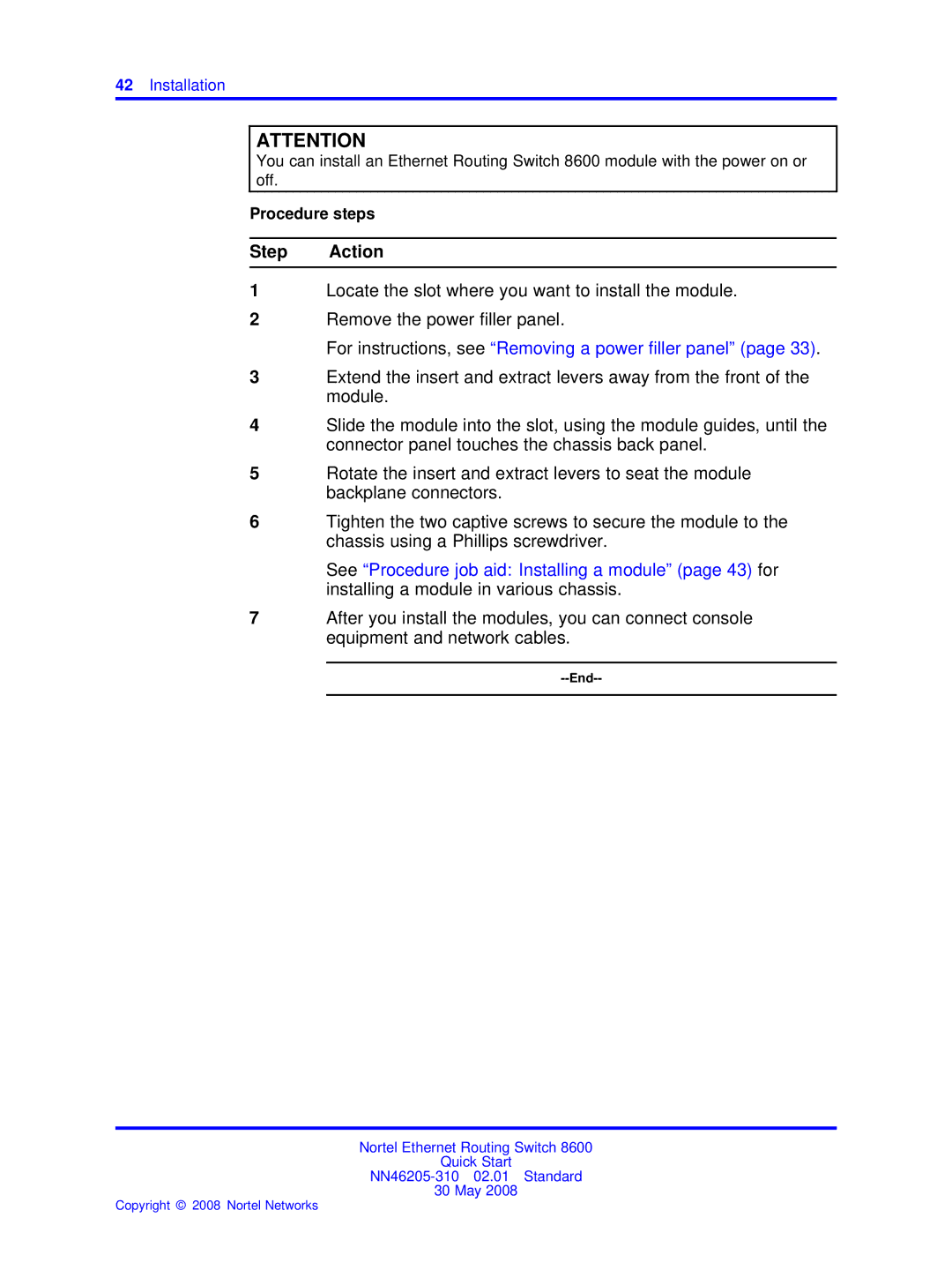 Nortel Networks NN46205-310 quick start For instructions, see Removing a power filler panel 