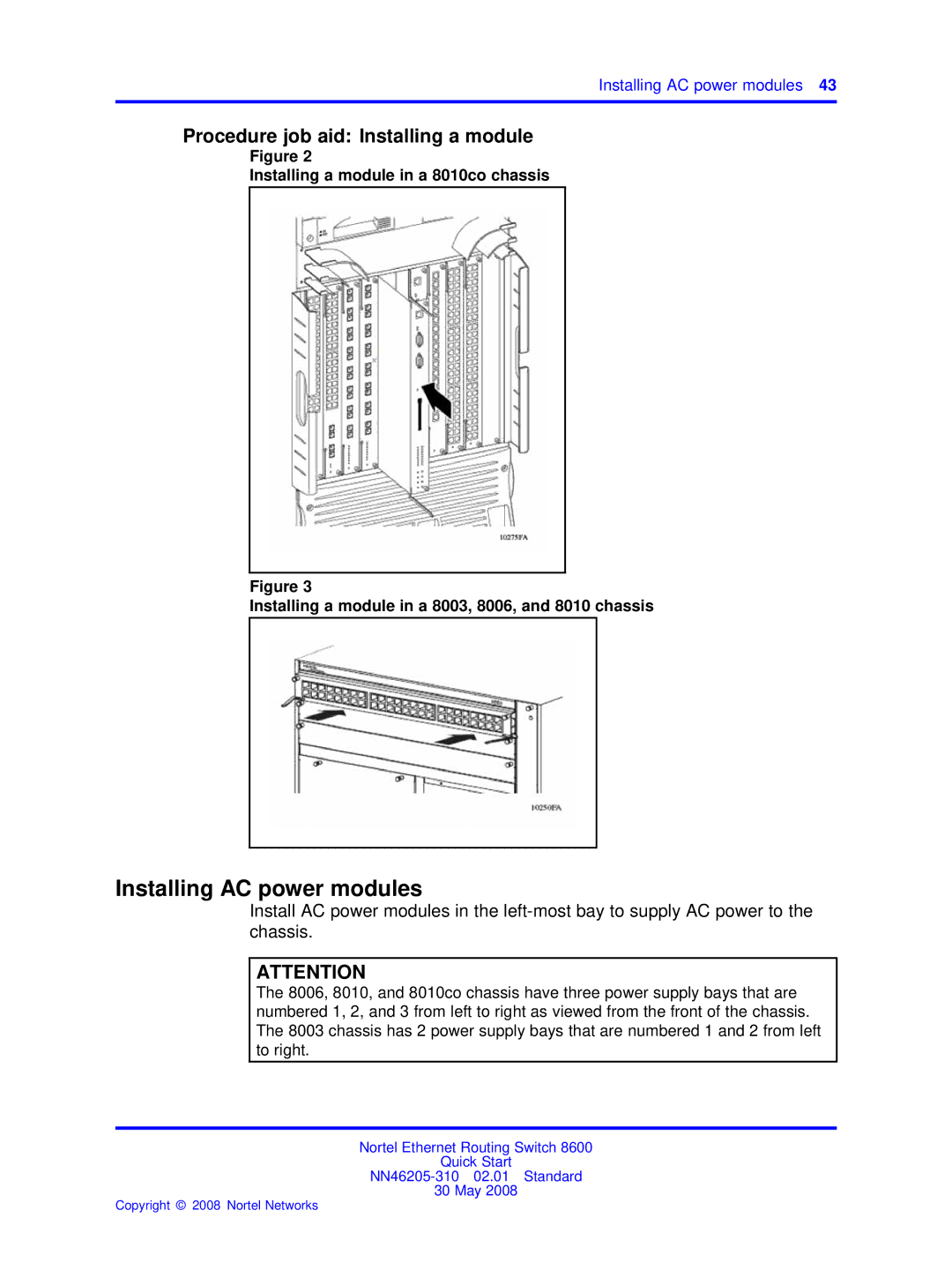 Nortel Networks NN46205-310 quick start Installing AC power modules, Procedure job aid Installing a module 