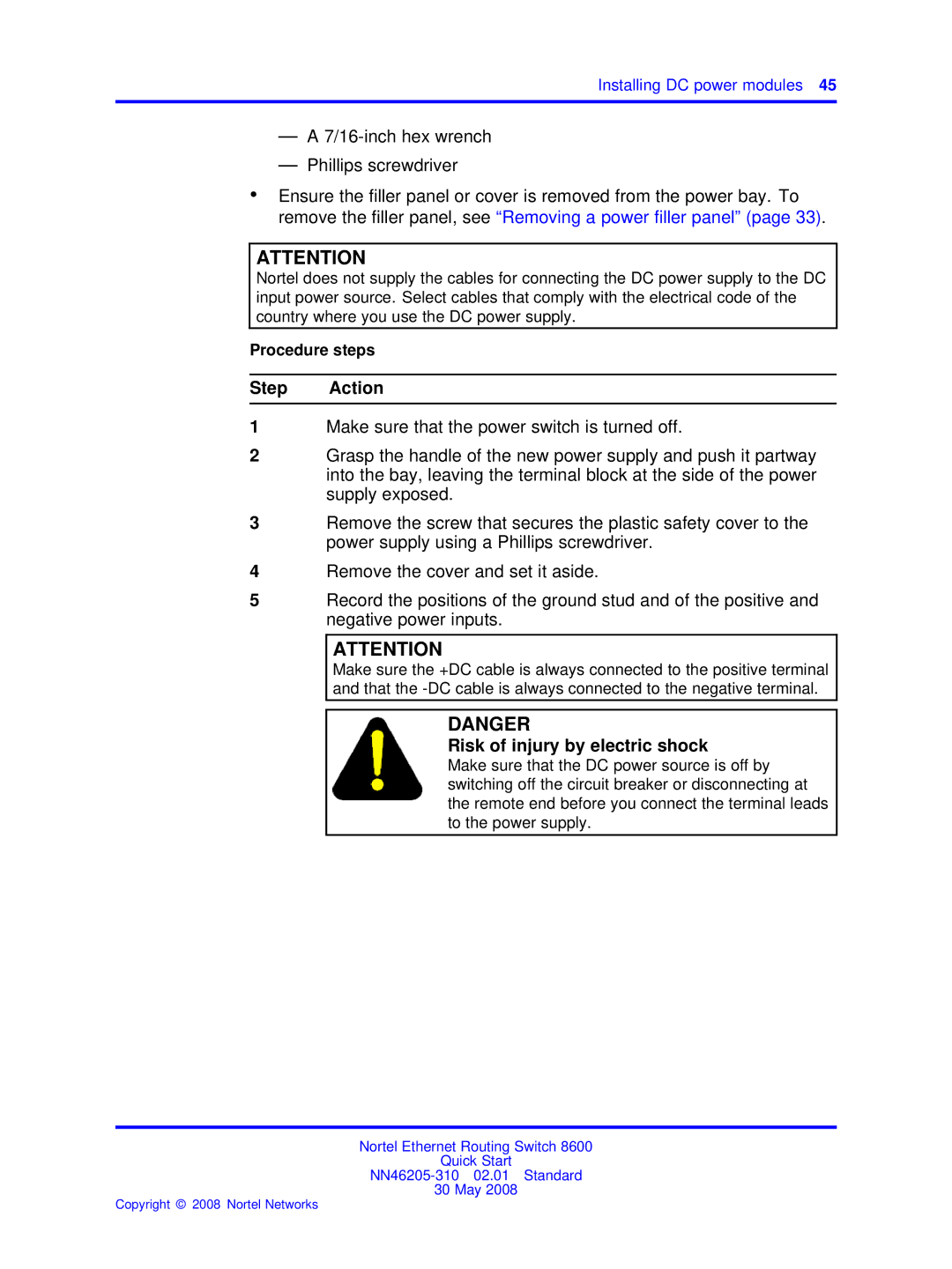 Nortel Networks NN46205-310 quick start Installing DC power modules 