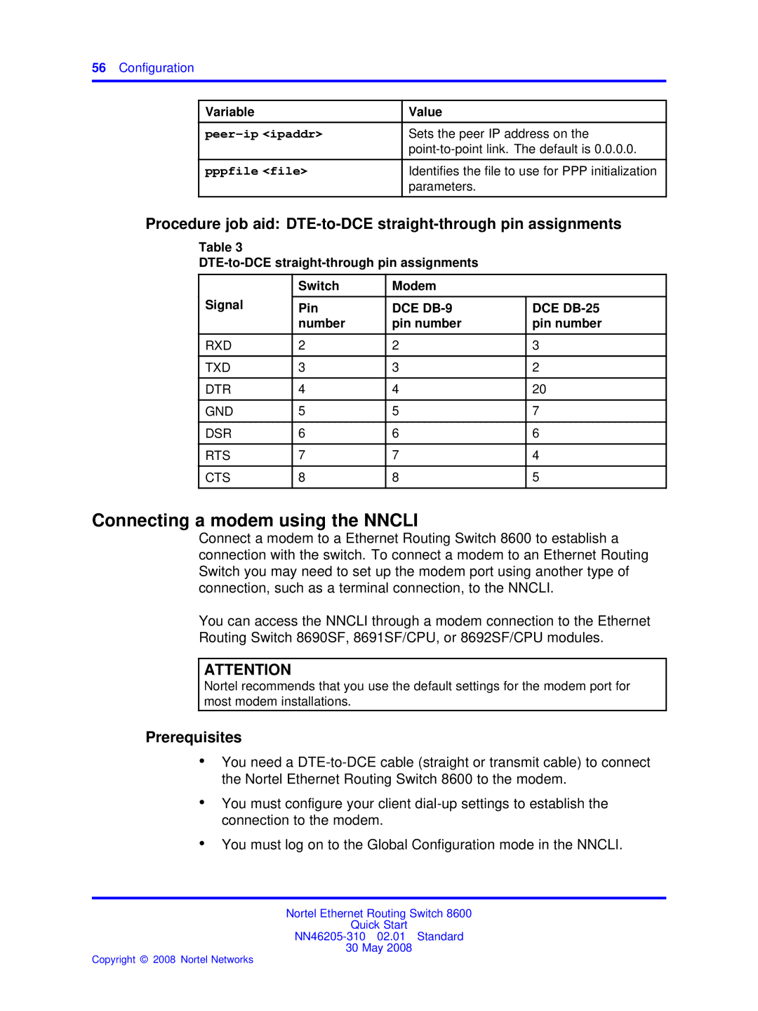 Nortel Networks NN46205-310 quick start Connecting a modem using the Nncli, DCE DB-25, Number Pin number 