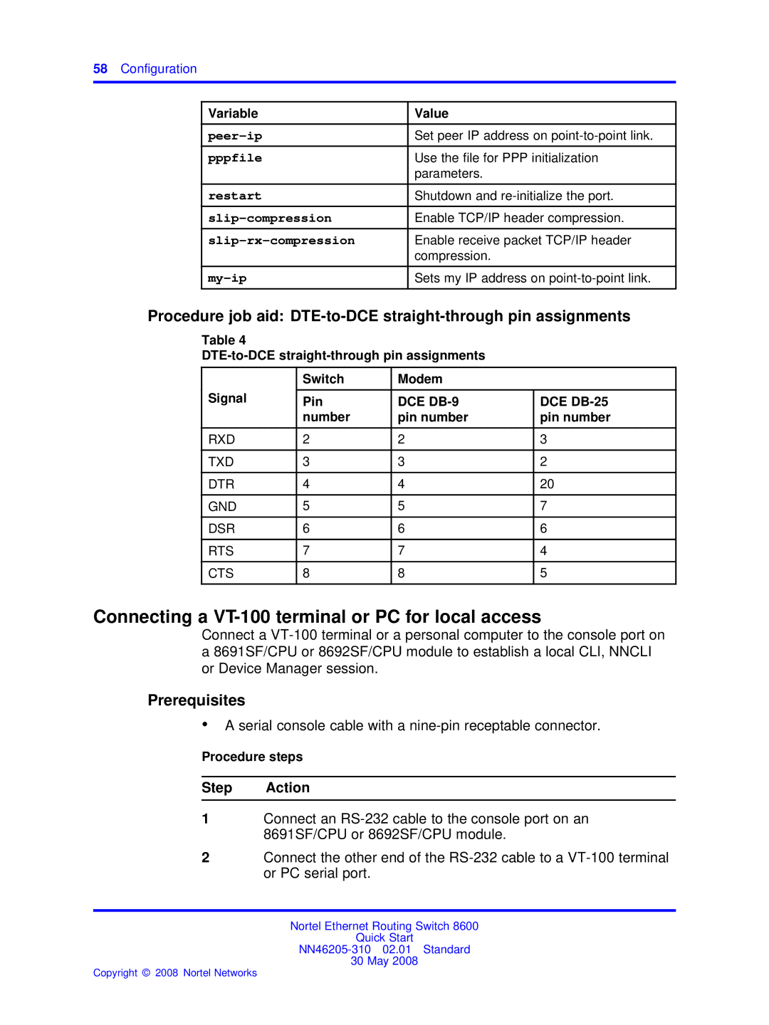 Nortel Networks NN46205-310 quick start Connecting a VT-100 terminal or PC for local access 