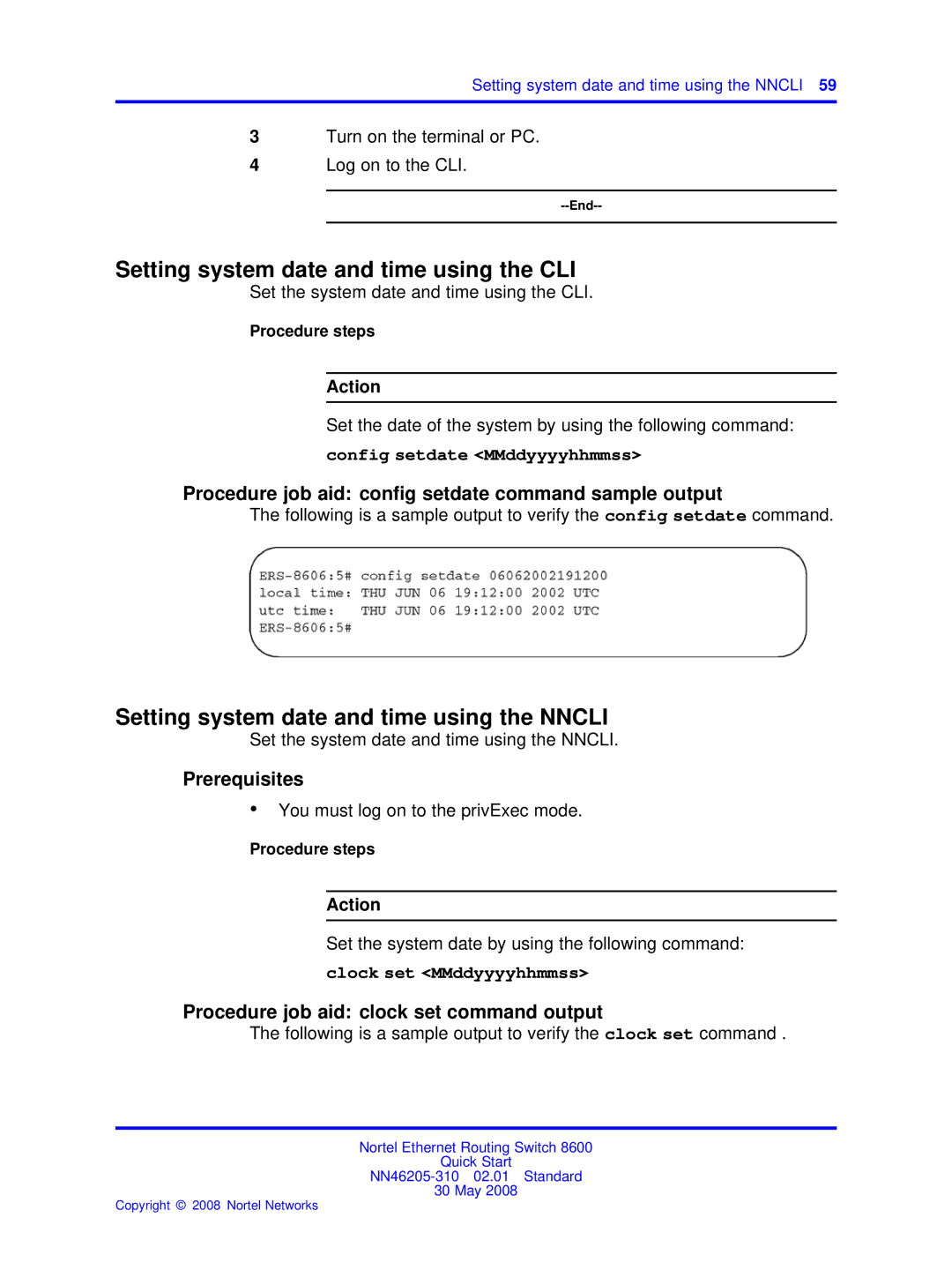 Nortel Networks NN46205-310 Setting system date and time using the CLI, Setting system date and time using the Nncli 