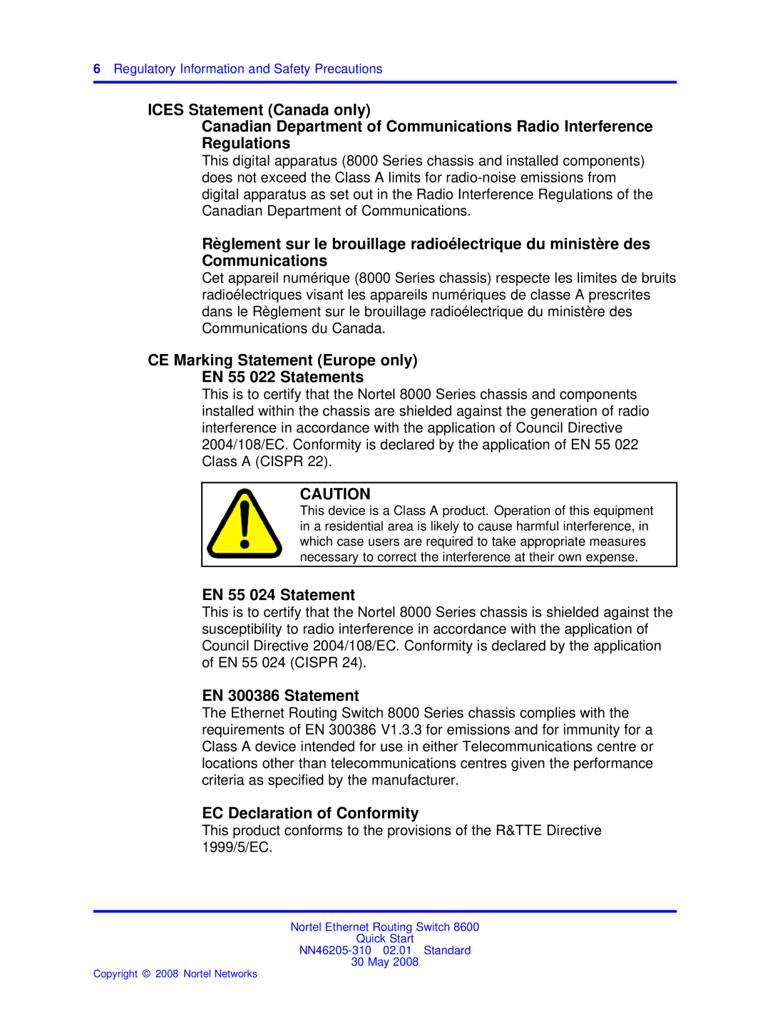 Nortel Networks NN46205-310 quick start CE Marking Statement Europe only EN 55 022 Statements, EN 55 024 Statement 