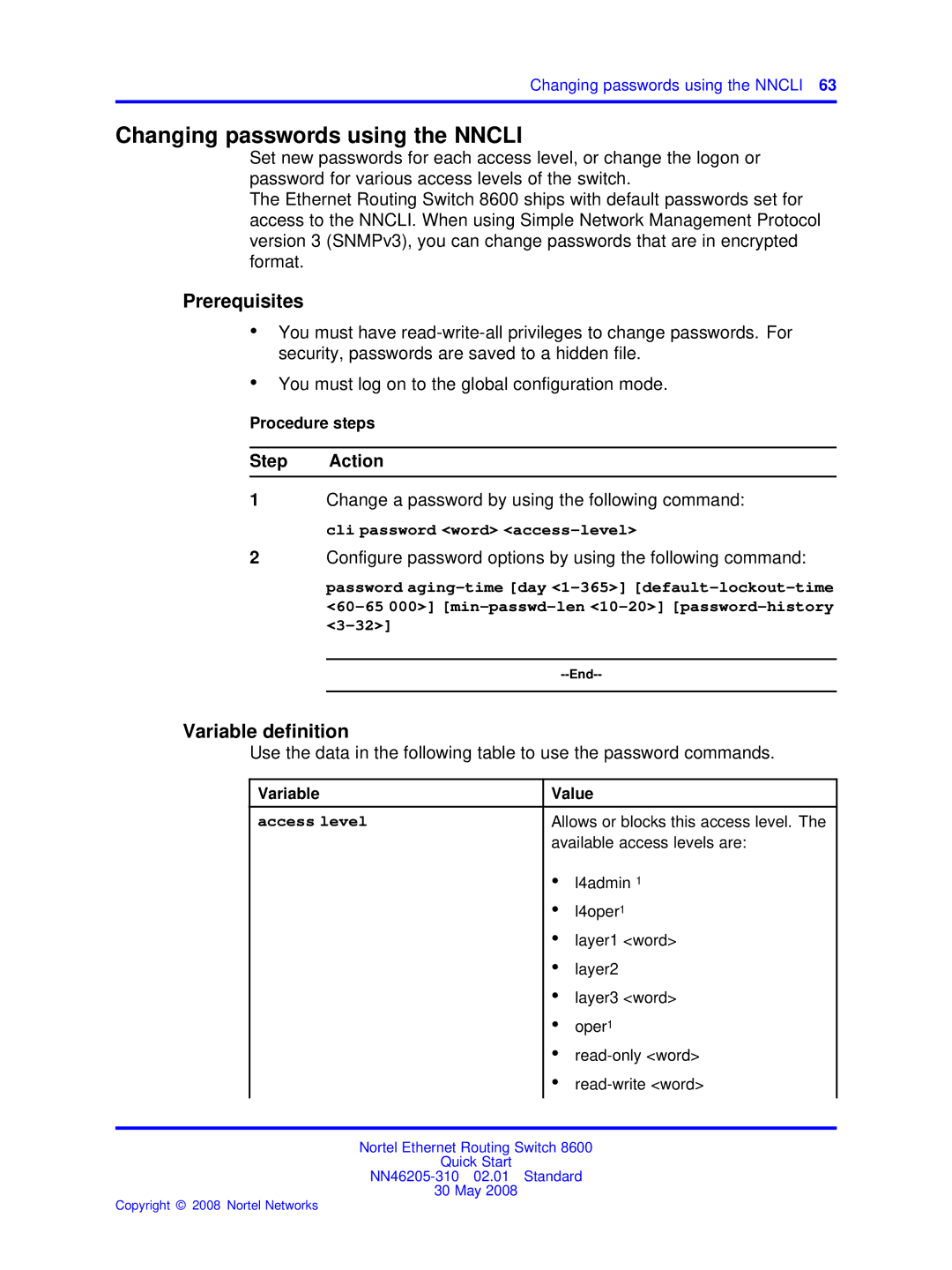 Nortel Networks NN46205-310 quick start Variable definition, Configure password options by using the following command 