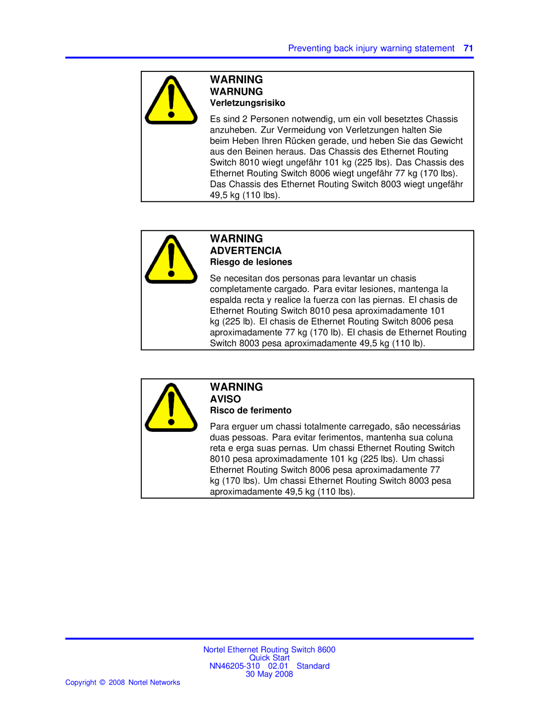 Nortel Networks NN46205-310 quick start Preventing back injury warning statement 