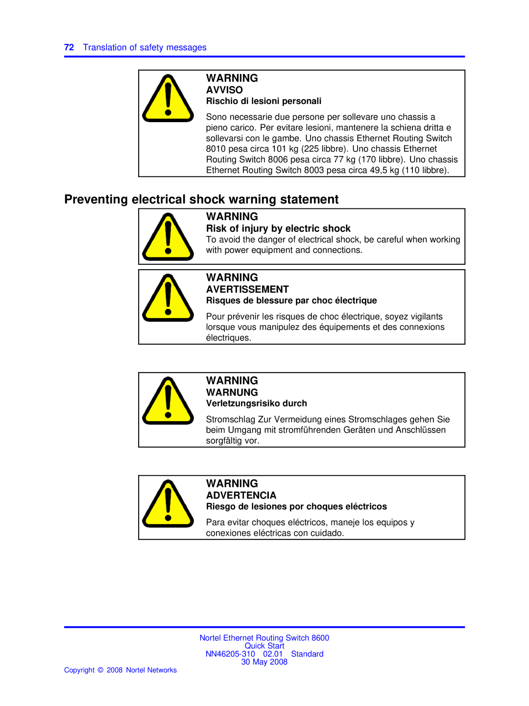 Nortel Networks NN46205-310 Preventing electrical shock warning statement, Risques de blessure par choc électrique 