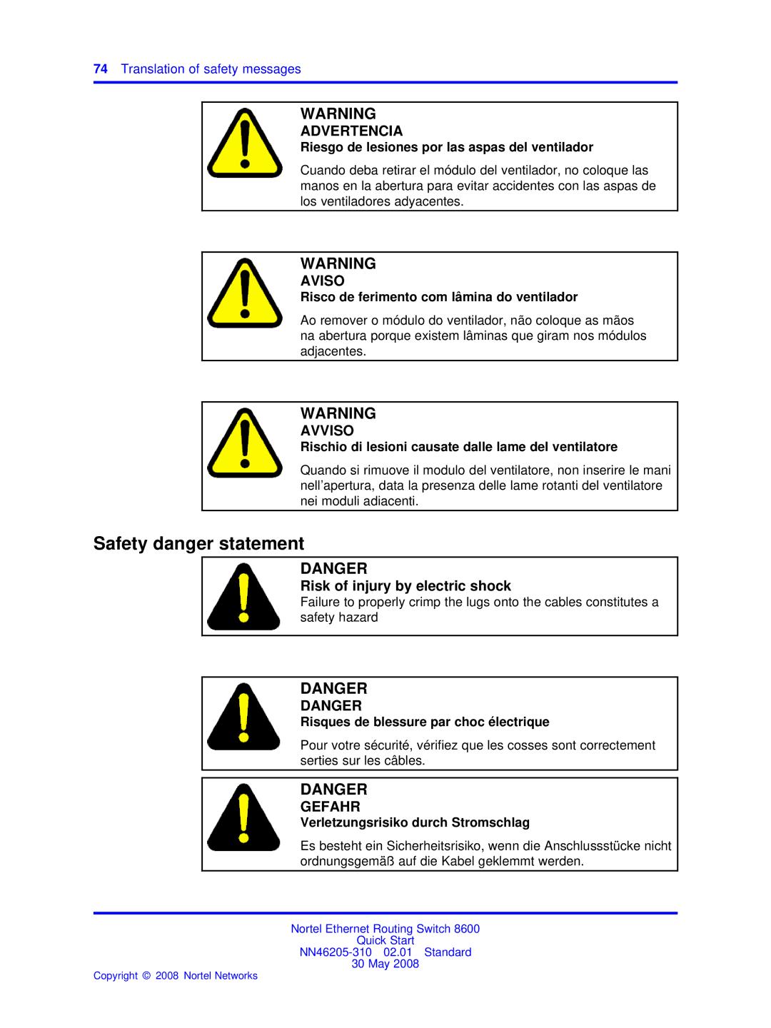 Nortel Networks NN46205-310 quick start Safety danger statement, Riesgo de lesiones por las aspas del ventilador 