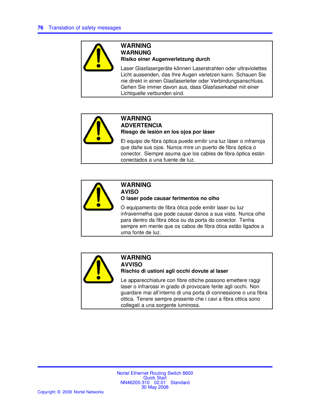 Nortel Networks NN46205-310 quick start Risiko einer Augenverletzung durch, Riesgo de lesión en los ojos por láser 