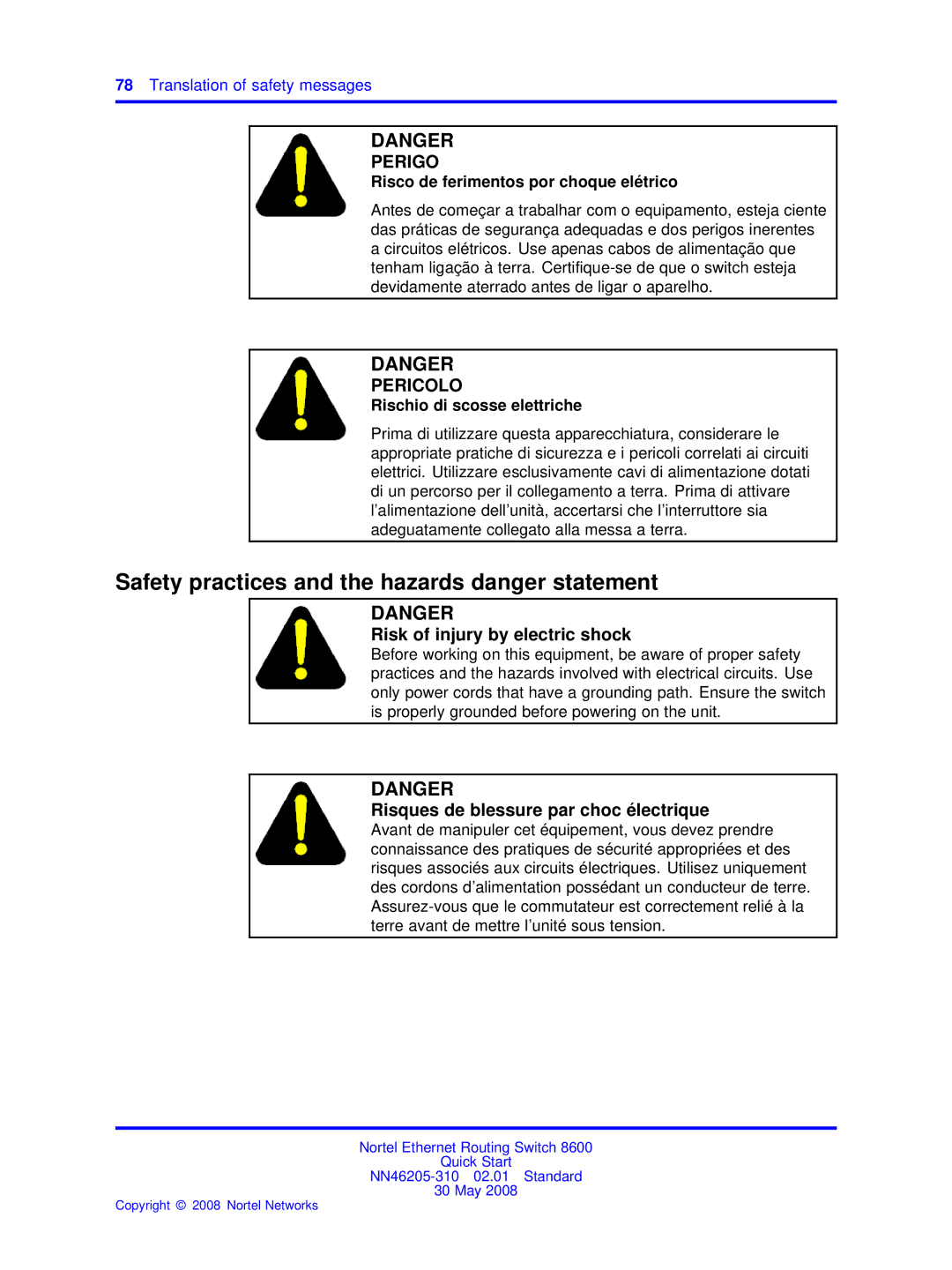 Nortel Networks NN46205-310 quick start Risco de ferimentos por choque elétrico, Rischio di scosse elettriche 