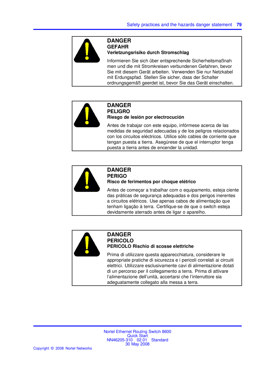 Nortel Networks NN46205-310 quick start Verletzungsrisiko durch Stromschlag, Pericolo Rischio di scosse elettriche 