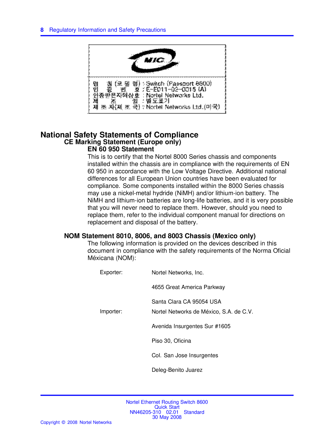 Nortel Networks NN46205-310 National Safety Statements of Compliance, CE Marking Statement Europe only EN 60 950 Statement 