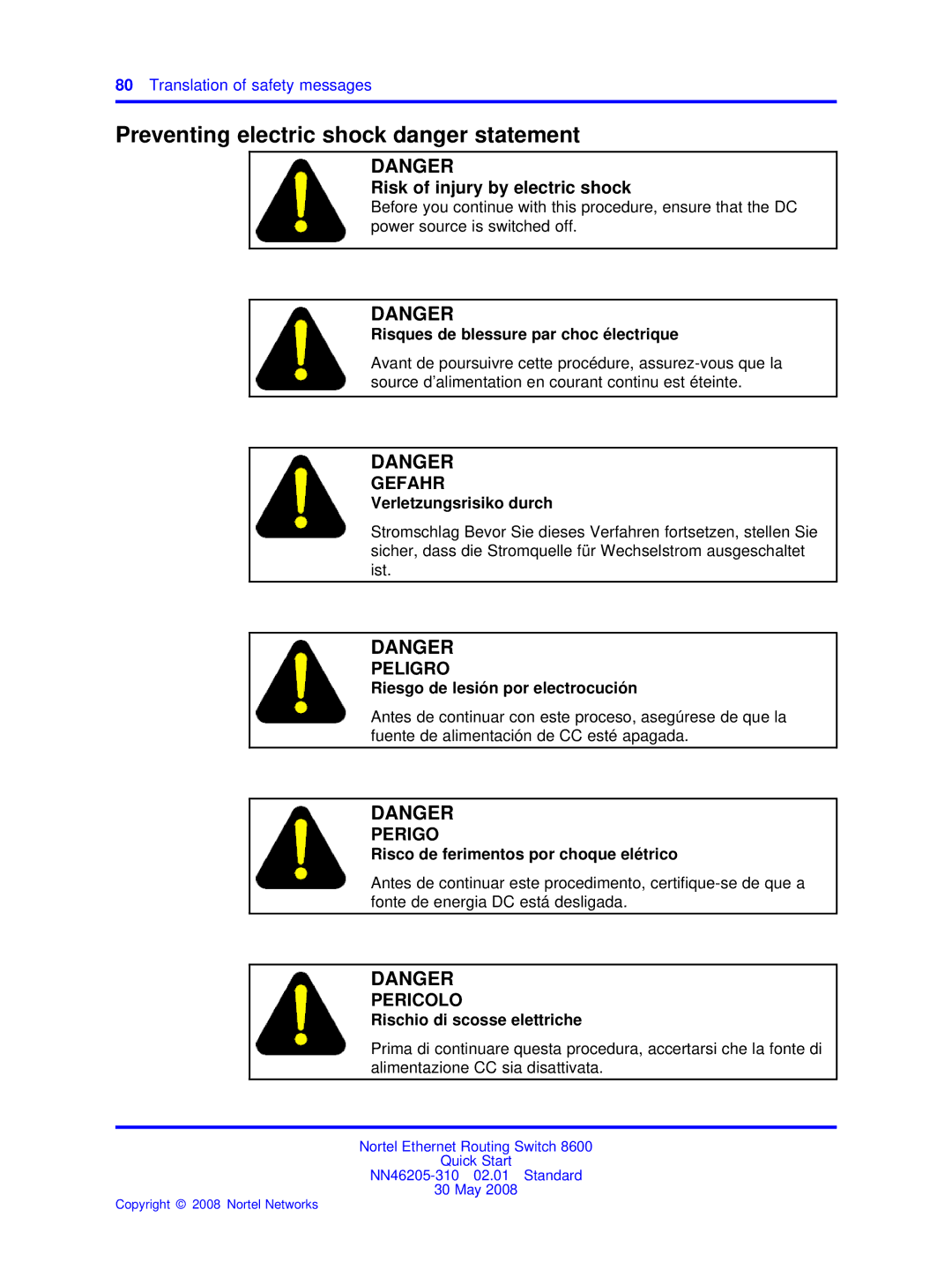 Nortel Networks NN46205-310 quick start Preventing electric shock danger statement, Risques de blessure par choc électrique 