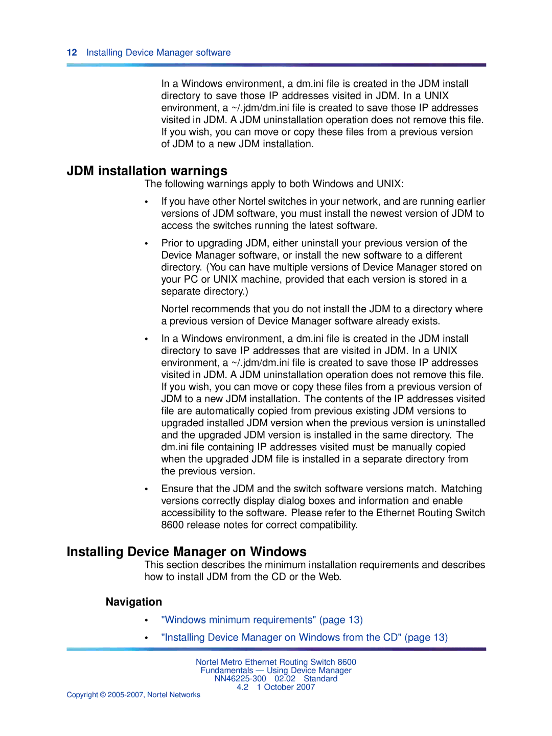 Nortel Networks NN46225-300 manual JDM installation warnings, Installing Device Manager on Windows, Navigation 