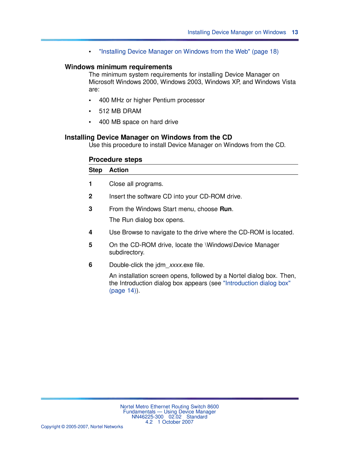 Nortel Networks NN46225-300 manual Windows minimum requirements, Installing Device Manager on Windows from the CD 
