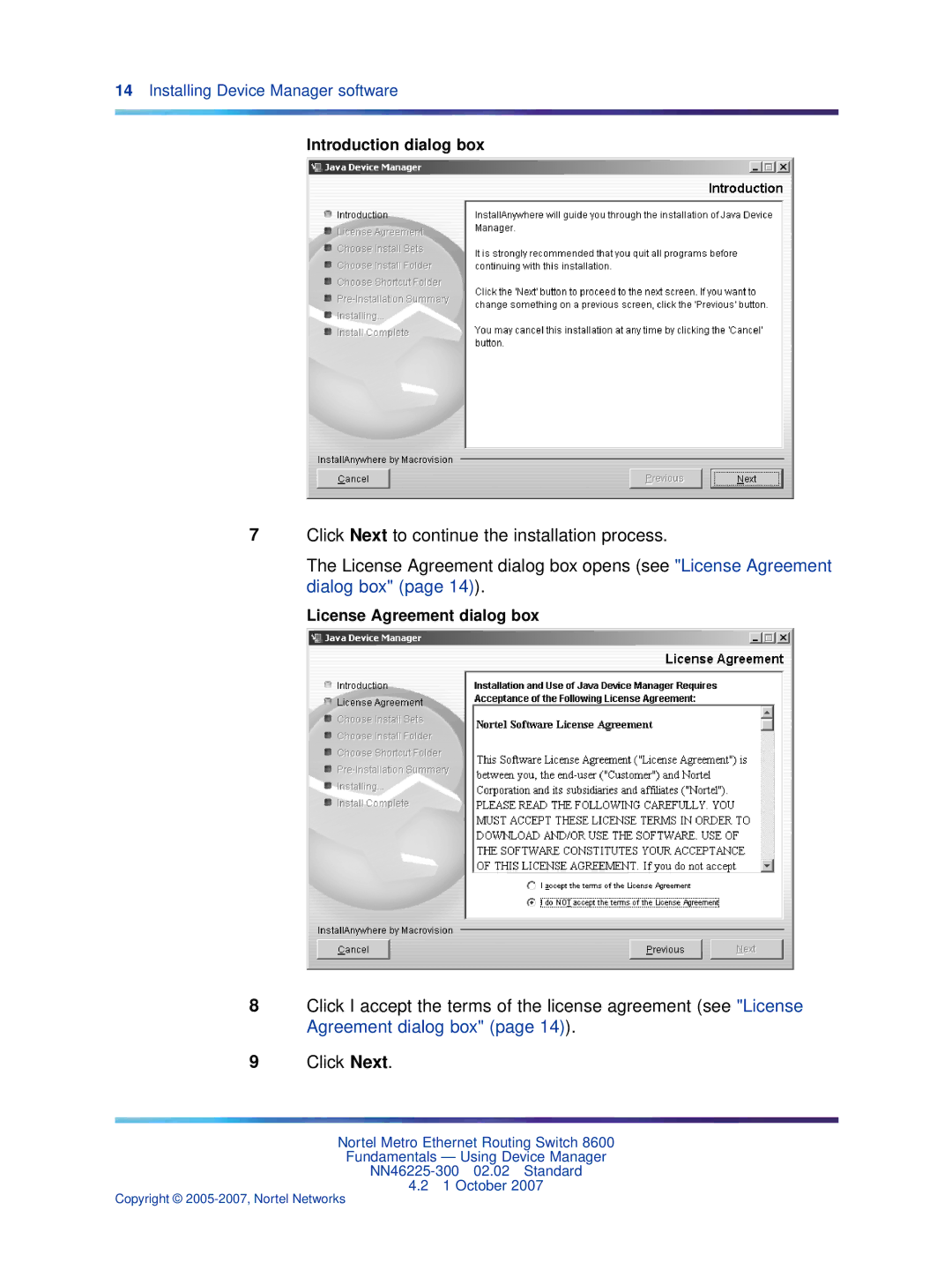 Nortel Networks NN46225-300 manual Introduction dialog box, License Agreement dialog box 