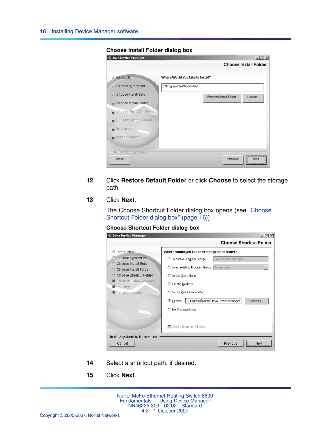 Nortel Networks NN46225-300 manual Choose Install Folder dialog box, Choose Shortcut Folder dialog box 