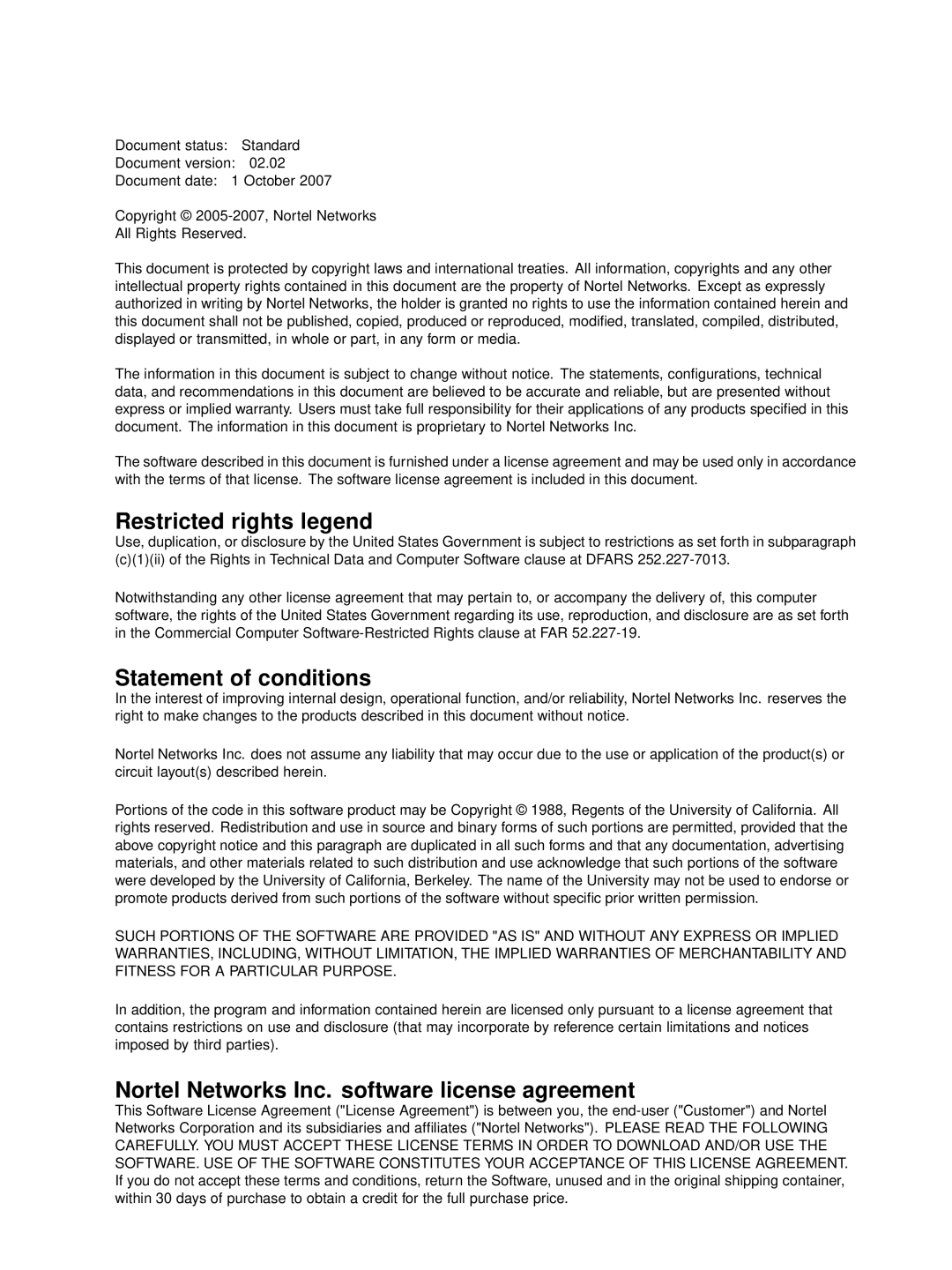 Nortel Networks NN46225-300 manual Restricted rights legend, Statement of conditions 